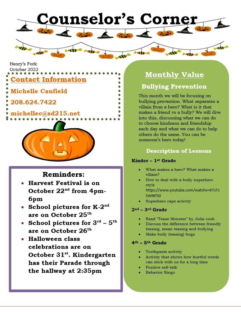 October Counselor's Corner Newsletter English