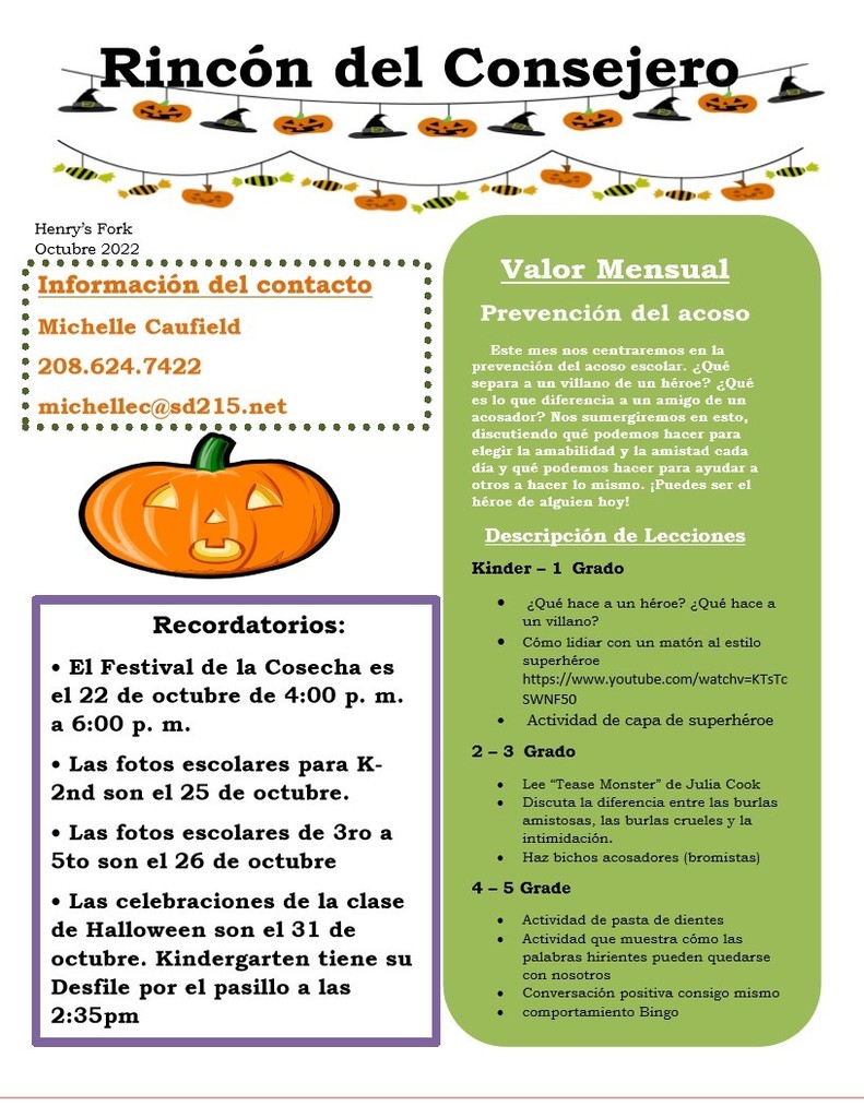 October Counselor's Corner Newsletter Spanish