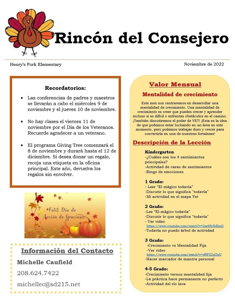 Counselor's Corner November Newsletter Spanish