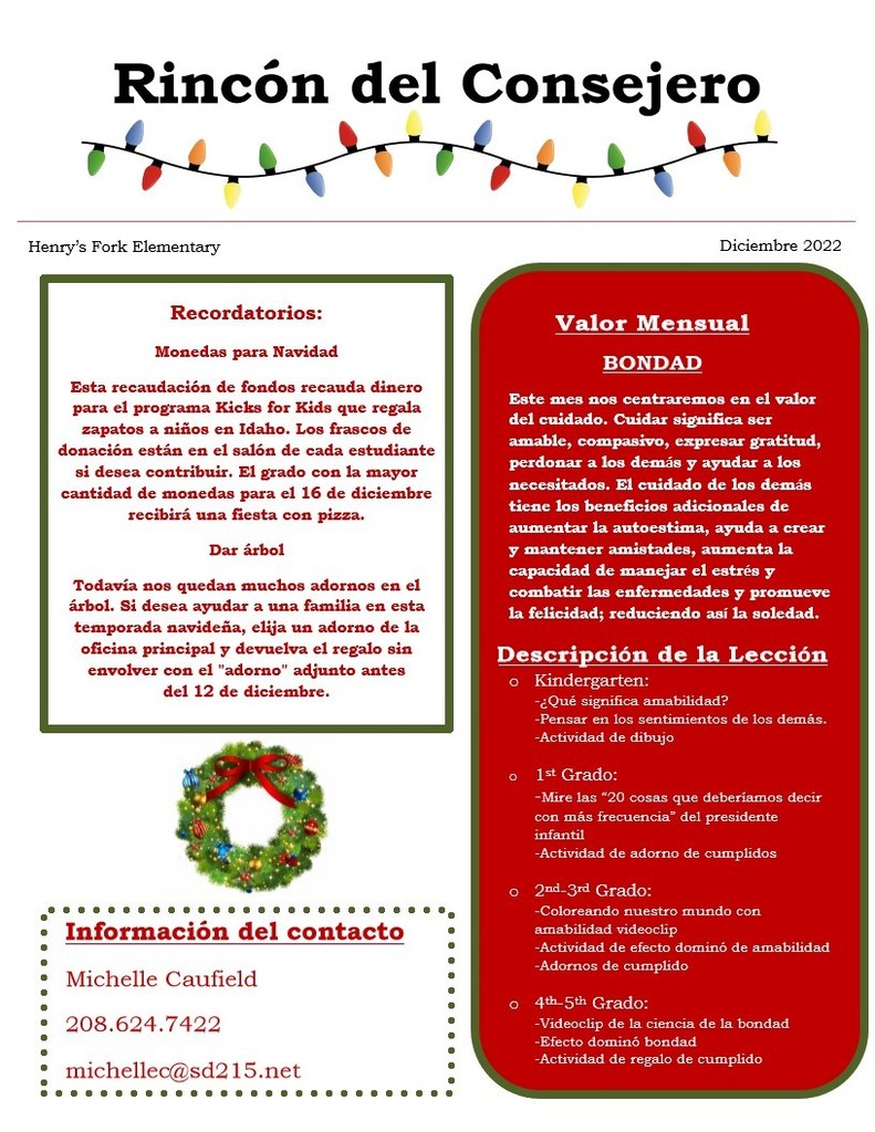 Counselor's Corner December Newsletter Spanish